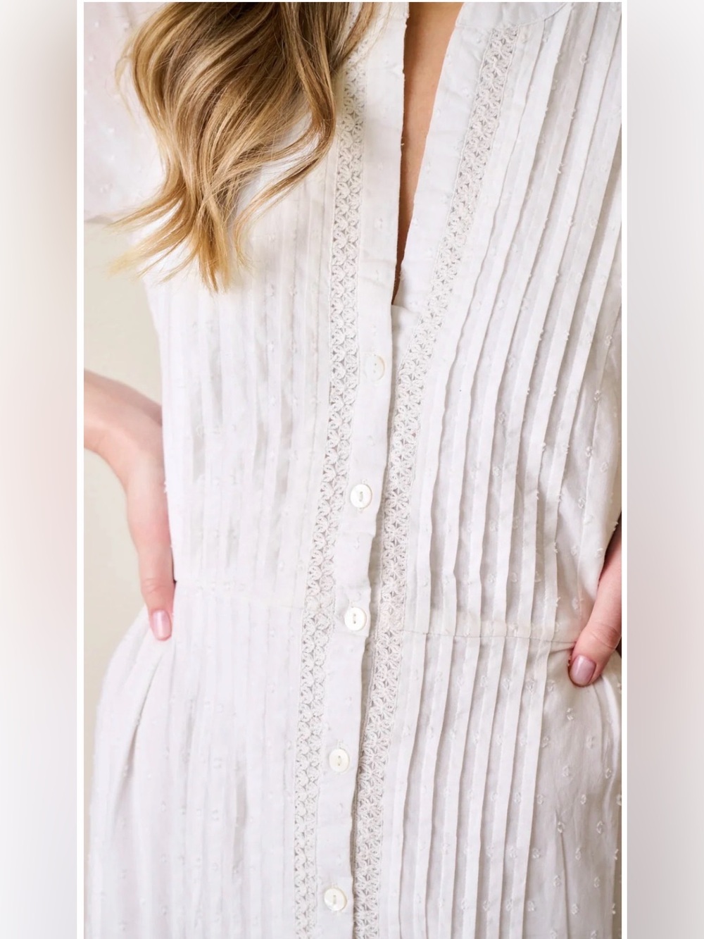 White Button-Front Midi Dress with Lace Trim - Picture 6 of 15
